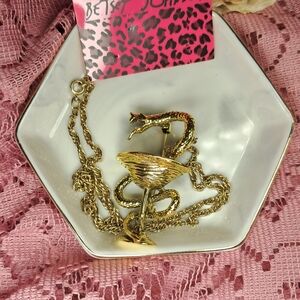 Betsey Johnson Sparkly Snake & Martini Brooch/Necklace (Goldtone)